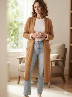 Babaton Long Open-Front Camel Cardigan